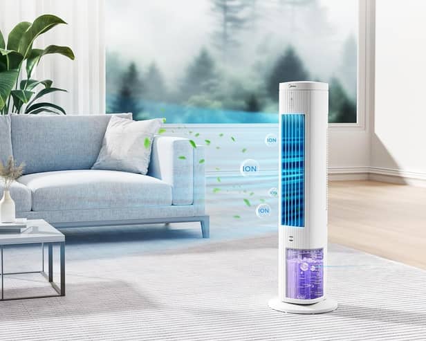 The air cooler uses a tank of cold water, and a pair of ice blocks to send out a super-cool blast of air