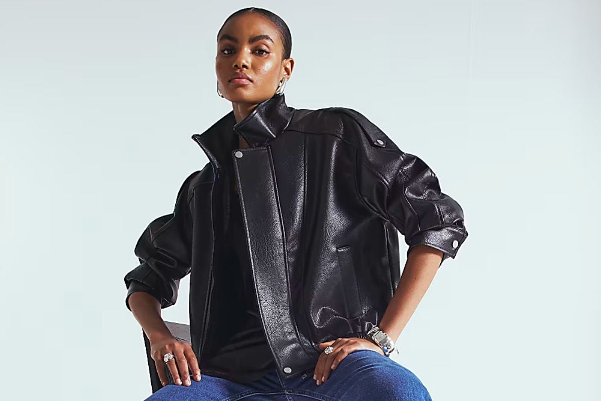 The River Island faux leather funnel neck biker jacket is the must-have jacket for transitional season style