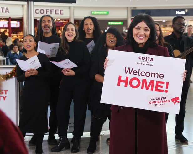 The Love Actually star joined a special welcoming committee at London’s Stansted Airport. 