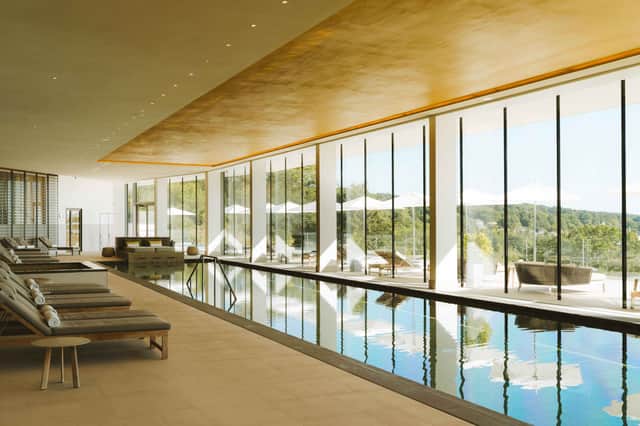 Tranquil and inviting: panoramic views from the indoor pool at the Royal Champagne Hotel & Spa