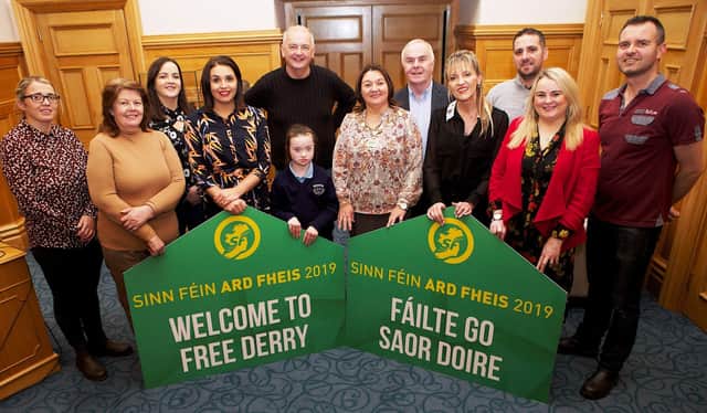 Derry and Strabane Mayor Michaela Boyle (centred) launches the Sinn Féin Ard Fheis at Derry’s Guildhall. Included are Elisha McCallion MP, Martina Anderson MEP, Raymond McCartney MLA and Councillors Tina Duffy,  Patricia Logue, Aileen Mellon, Paul Fleming, Christopher Jackson, Sandra Duffy and Michael Cooper. (Photo - Tom Heaney, nwpresspics)