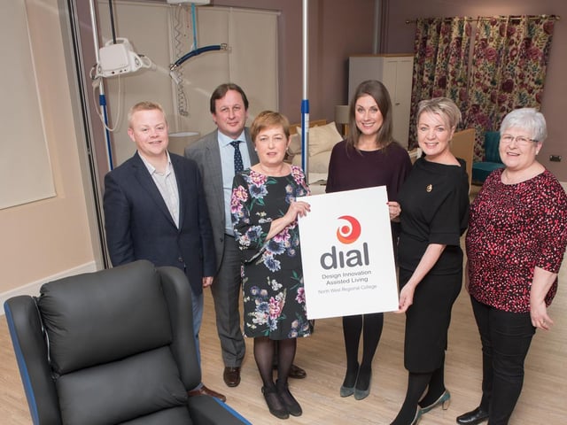 ictured at the launch of the Design Assisted Living Centre at North West Regional College are Dr Aaron Peace CEO, CTRIC, Leo Murphy, chief executive and principal NWRC, Geraldine Lavery, department head of health and sports at NWRC, Sarah Travers, MC, Vonnie McWilliams, DIAL centre manager, and Geraldine Grieve, RNIB. (Picture Martin McKeown).