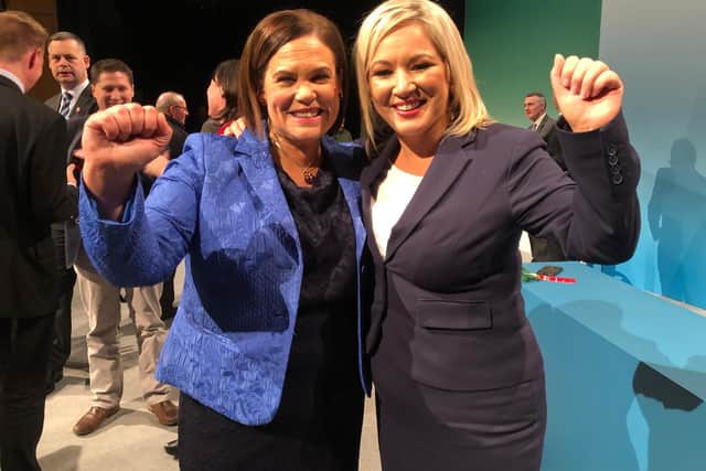 Mary Lou McDonald and Michelle O'Neill at the Derry Ard Fheis.
