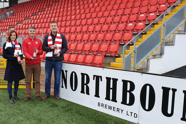 Martina and David Rogers, Northbound Brewery, launch the new Brandywell Brew with Derry City Director, Declan Callaghan
