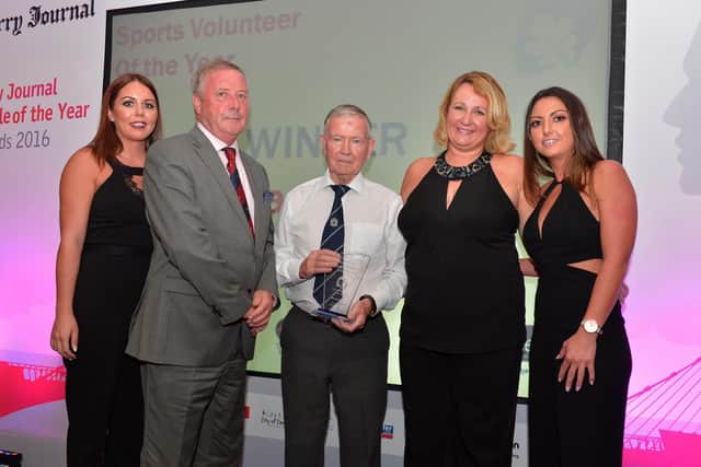 WINNER . . . Mickey receiving his Sports Volunteer of the Year award with Kelly McKeever, Deric Henderson  from sponsors A McLean Bookmakers, Andrena OPrey from JPIMedia and Kellie OKane, A McLean Bookmakers, at the  Journal People of the Year Awards in 2016.