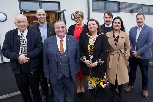 Mayor Michaela Boyle with Orla McStravick, Executive Office, and Peter McDonald, Leafair Community Association at the official opening of the Leafair Wellbeing Village. Included from left, are Liam Griffin, Leafair Community Association, Barry OHagan, Derry City & Strabane District Council, Karen McFarland, DCSDC, Gerry Quinn, DCSDC, and Simon Doran, Hamilton Architects. Pictures: Tom Heaney.