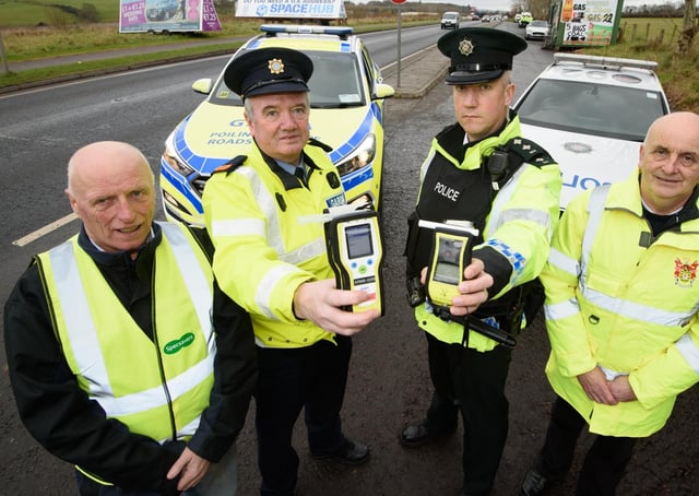 Gardai and the PSNI at the launched their annual cross border Christmas Drink Driving campaign which is supported by the Donegal Road Safety Working Group as part of their ongoing road safety awareness programme and also reinforces the continued co-operation between both forces with regard to road safety on both sides of the border. pictured at the launch are Harry Rutherford, Vice Chairman Road Safety NI, Garda Inspector, Michael Harrison, John Miller, Inspector Road Policing and Brian O'Donnell, Donegal County Council Road Safety Offcier. Photo Clive Wasson