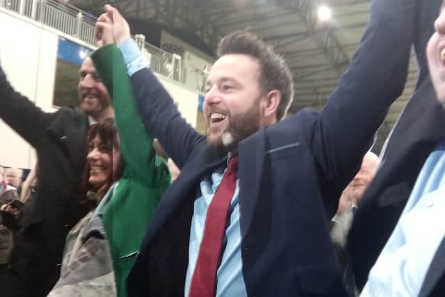 Colum Eastwood celebrates victory in Magherafelt.