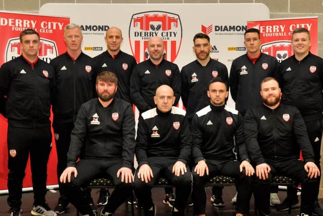 Derry City Academy coaches, back row, left to right, Mo Mahon, Donal OBrien, Mark McChrystal, Shaun Holmes, Richie Stewart, Gerard Boyle and Conor Loughrey. Front row, Paddy McCourt (Head of Academy), Gerry Shepard , Neil McCafferty and Rory Kehoe.