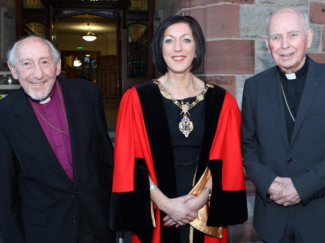 The late Bishop of Derry and Raphoe, Dr James Mehaffey, and the late Bishop of Derry Dr Edward Daly are pictured with the then Mayor of Derry, Cllr Brenda Stevenson, after the church leaders received the Freedom of Derry in 2015.
