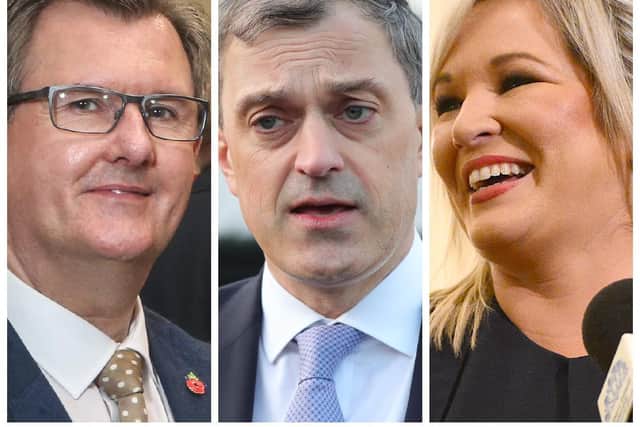 Sir. Jeffrey Donaldson MP (left), Secretary of State for Northern Ireland, Julian Smith MP and Sinn Fein Deputy Leader, Michelle O'Neill MLA.
