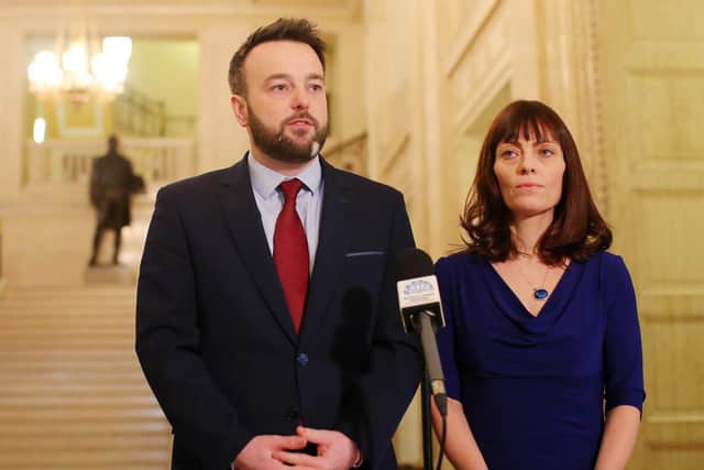 SDLP leader Colum Eastwood and party colleague Nichola Mallon talk to the press in the Great Hall at Parliament Buildings, Stormont, as all party talks continue to try and get the Northern Ireland Assembly up-and-running again. (Photo: Presseye)
