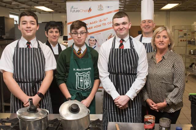 Adam Eccles, Limavady High School, Cassius Clapton, St Mary's Limavady, and Andre Smith, Limavady High School, who competed in the Futurechef Regional Heats at North West Regional College. Also pictured are Leyonia Davey, Curriculum Manager, Hospitality and Catering, NWRC, Paul Sharkey, Bishop's Gate Hotel and Alice Quinn, Northern Ireland Project Team, Springboard.