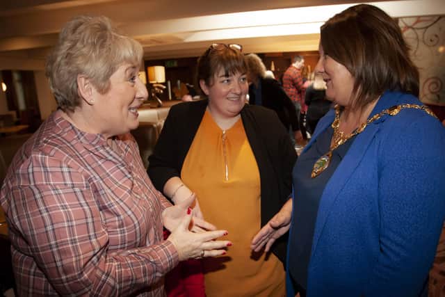 The Mayor of Derry City and Strabane District Council, Michaela Boyle pictured at the â€ ̃Caring For Carers (Foyle Next Chapter Community Project) at the White Horse Hotel on Wednesday afternoon in conversation with Marie Dunne, Hopeful Minds, main speaker and Cathy Malcolm, Foyle Next Chapter. (Photos: Jim McCafferty Photography)