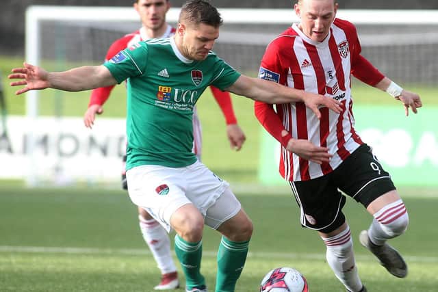 Horgan pictured in action for Cork City against ex-Derry City winger, Ronan Curtis in 2018.