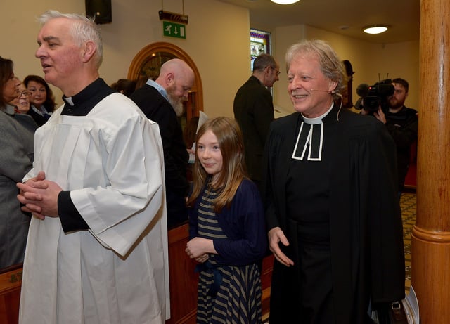 Rev. David Latimer (on right), accompanied by Rev. Michael Canny, during Sunday’s service at First Derry Presbyterian Church.