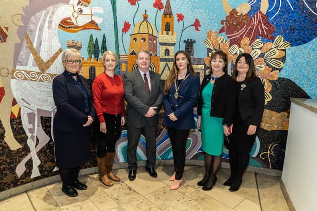 Louise Doherty (Specsavers), Lorraine Calderwood (Arts Council NI), Martin Bradley (Derry Theatre Trust), Deputy Mayor, Cllr Cara Hunter, David McLaughlin (Millennium Forum Chief Executive), Professor Dolores O’Reilly (Chair, AAA), Lisa Heaney (Millennium Forum).