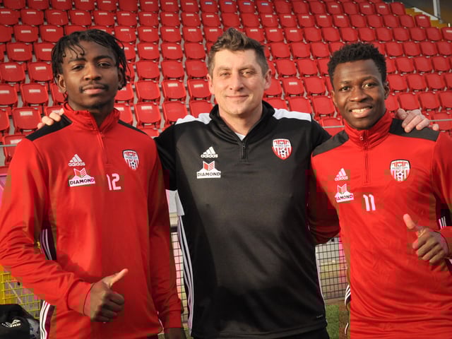 Derry City manager Declan Devine welcomes new signings Danny Lupano (left) and Moussa Bakayoko.