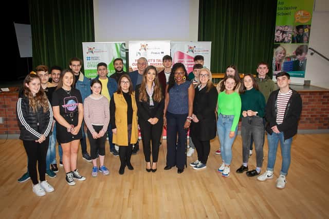 A section of the young participants at Friday nightâ€TMs Cultural Diversity celebration in St. Ceciliaâ€TMs College with Deputy Mayor, Councillor Cara Hunter.(Photos: Damien Stewart/JimMcCaffertyPhotography)