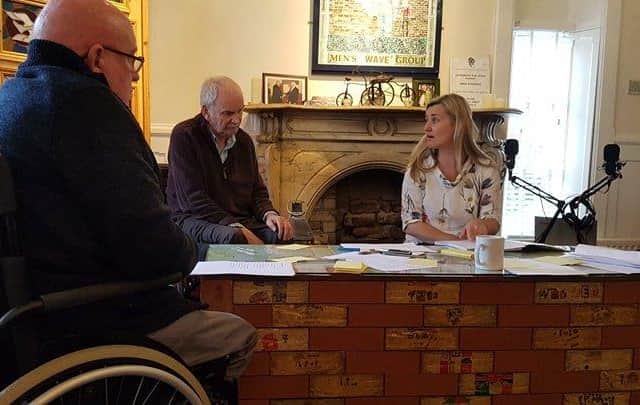 Alex Bunting and Peter Eastwood who will be telling their stories in Questions of Troubles, pictured with artist Pamela Brown.