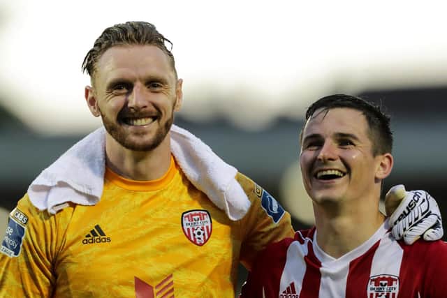 CONFIDENT . . . Derry City goalkeeper, Peter Cherrie pictured with Ciaran Coll