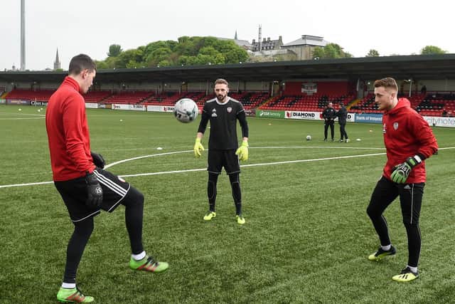 Derry City goalkeepers warm-up at Brandywell.