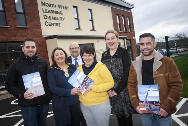 The Mayor of Derry City and Strabane District Council, Michaela Boyle launcing the  â€ ̃We All Belongâ€TM Educational Pack with Carmen McCallion, North West Learning and Disability Centre, Foyle Road, Derry. Included from left are Councillor Christopher Jackson, Rev. Richard Johnston, Coucillor Maire Ni Dhuarcain and Martin McDonagh.