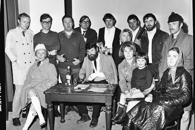 1971... Sean McMahon (third from left in back row) and members of the cast of Derry Theatre Club’s production of ‘The Queen and the Rebels’ which was staged at the Little Theatre, Orchard Street.
