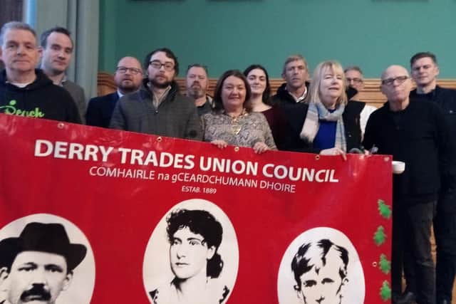 Member of the Derry Trades Union Council with the Mayor, Michaela Boyle, local councillors and speakers at a recent zero hours contracts discussion in the Guildhall.