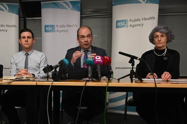 Dr Philip Veal (consultant in health protection), Dr Michael McBride (chief medical officer), and Dr Miriam McCarthy (director of commissioning HSCB) at the press conference to announce the first positive NI coronavirus case