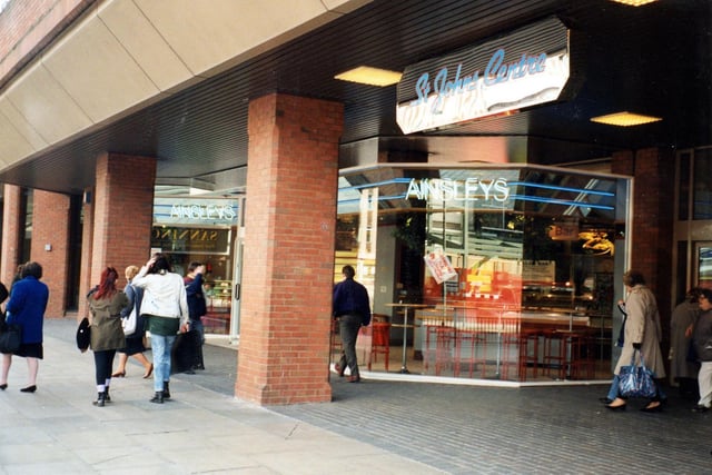 St John's Centre seen from Merrion Street, with Ainsley's Bakery prominent. The entrance to the shopping centre, which opened in 1985, can be seen on the right.