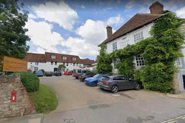 The Spread Eagle Hotel and Spa.
South Street, Midhurst, GU29 9NH.
4.5 star rating on Trip Advisor with one review saying "this is a perfect hotel for a romantic, relaxing and stress free break".
Photo from Google Maps street view.
