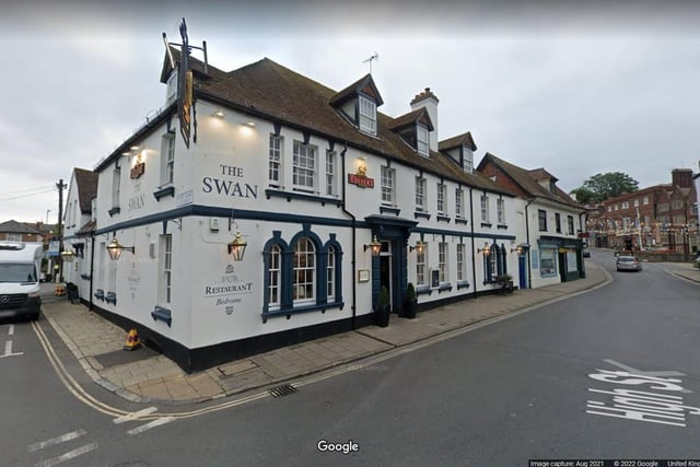 The Swan Hotel.
27-29 High Street, Arundel, BN18 9AG.
4 star rating on Trip Advisor with one reviewer saying "such a lovely location for  romantic weekend, stunning views, excellent rooms".
Photo from Google Maps street view.