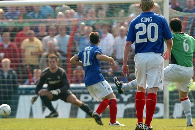 Stephen Parkhouse sets Glentoran on the way to victory on Morgan Day at The Oval in 2005, when the East Belfast men pipped big rivals, Linfield, to the title on the final day.