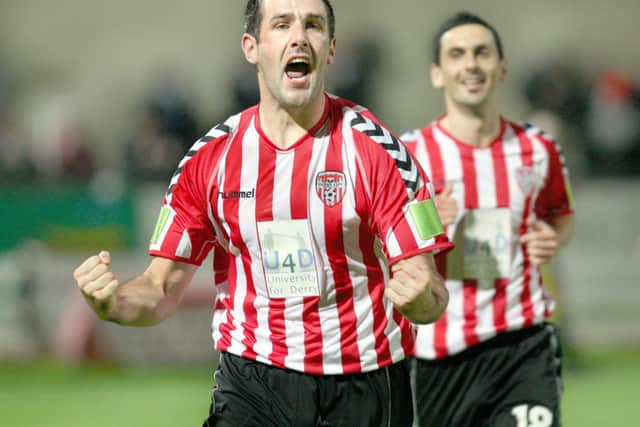 Stephen Parkhouse celebrating a Derry City goal with Mark Farren.