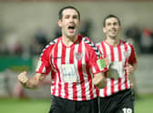 Stephen Parkhouse celebrating a Derry City goal with Mark Farren.