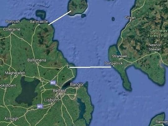 Two proposed locations for where a bridge between Northern Ireland and Scotland could be built.