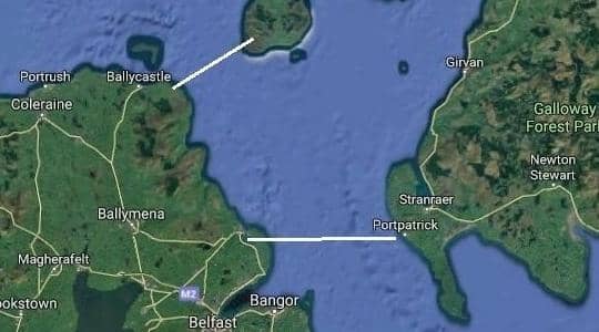 Two proposed locations for where a bridge between Northern Ireland and Scotland could be built.