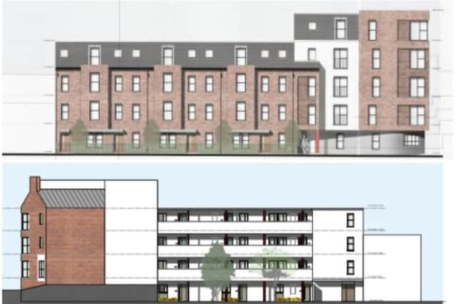 Artist's impression of the front and rear of the new apartment complex.
