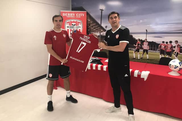Derry City's new signing Joe Thomson pictured alongside manager Declan Devine.