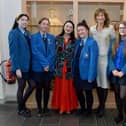 Actress and past pupil Bronagh Gallagher pictured with St Mary’s College principal, Marie Lindsey, and Year 14 students Mollie Egan-Lcossa, Catriona Walsh, Orlaith McGilloway, Angel Cleere and Katie O’ Cáolon during a recent visit to the college recently. DER4119GS – 024