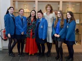 Actress and past pupil Bronagh Gallagher pictured with St Mary’s College principal, Marie Lindsey, and Year 14 students Mollie Egan-Lcossa, Catriona Walsh, Orlaith McGilloway, Angel Cleere and Katie O’ Cáolon during a recent visit to the college recently. DER4119GS – 024