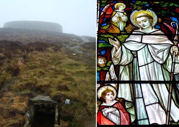 Grianan of Aileach and one of the stain glass windows in St Columba’s Church, Long Tower, depicting Saint Columba, the patron saint of Derry.  DER2320GS - 002