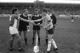 Cardiff captain, Terry Boyle exchanges pleasantries with Derry City skipper, Stuart Gauld prior to the scoreless draw at Brandywell.