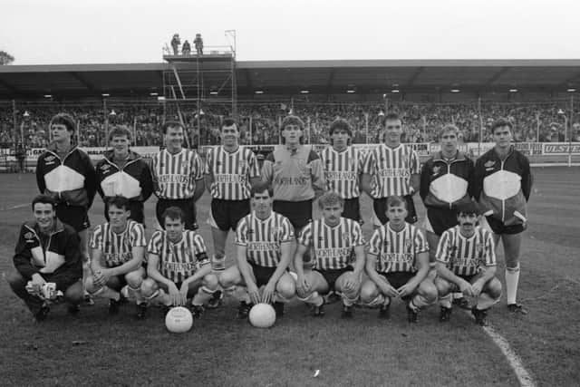 The Derry City team pictured ahead of their Cup Winners' Cup tie against Cardiff City in front of 11,000 people at Brandywell Stadium in 1988.
