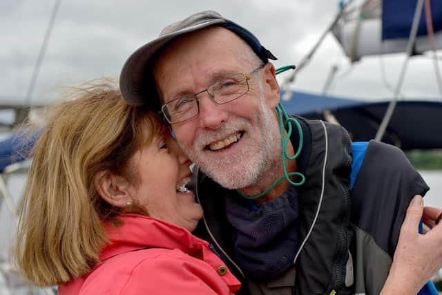 Garry Crothers, aged 64, is welcomed home, by his wife Marie, at the Foyle Marina on Saturday afternoon, after his epic solo voyage across the Atlantic. DER2027GS - 029 (Pictures George Sweeney)