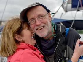 Garry Crothers, aged 64, is welcomed home, by his wife Marie, at the Foyle Marina on Saturday afternoon, after his epic solo voyage across the Atlantic. DER2027GS - 029 (Pictures George Sweeney)