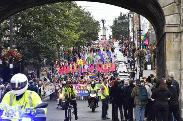 The 2019 Foyle Pride Festival parade makes it's way down Shipquay Street. DER3519-117KM