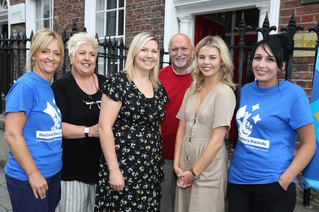 2018... Derry Girl Saoirse Monica Jackson (Erin) visiting National Lottery funded HURT (Have Your Tomorrows) family support group with from left, staff members Tina Burns, Sadie O’Reilly and Pauline McCloskey.