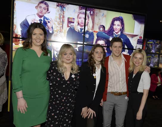 Derry Girls, writer Lisa McGee, on the left, and actors Nicola Coughlan, Louisa Harlandm Dylan Llewellyn and Saoirse Jackson pictured at the Derry Girls premier held in The Omniplex Cinema, Strand Road in 2019. DER0819GS-001